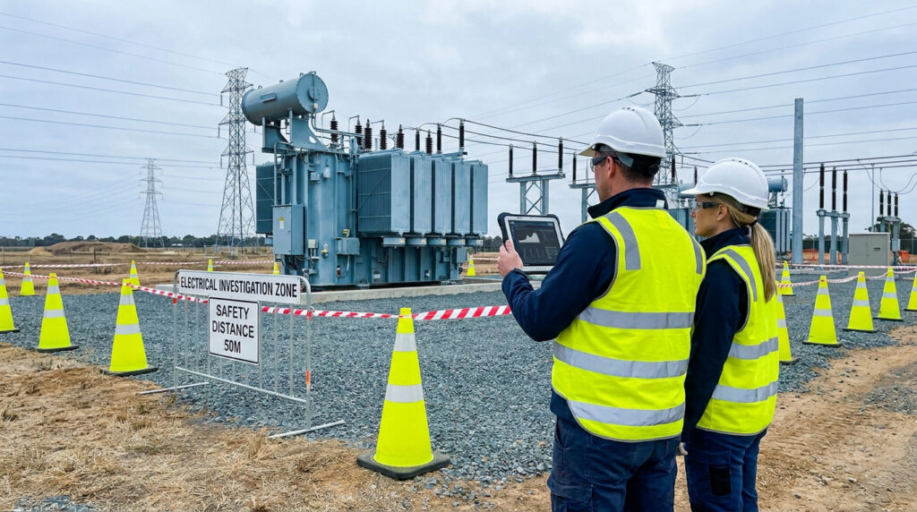 Deux techniciens en EPI inspectant un transformateur électrique derrière une zone sécurisée par des cônes.