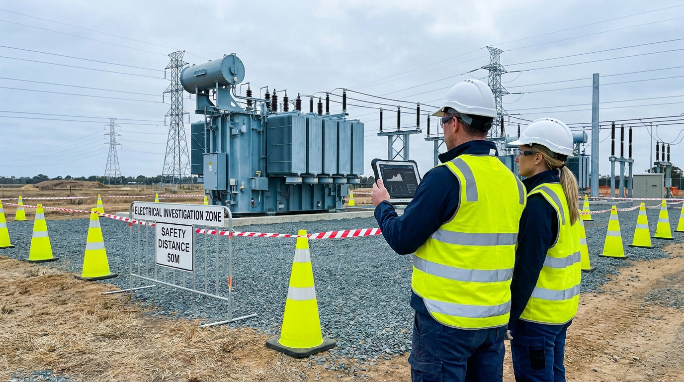 Deux techniciens en EPI inspectant un transformateur électrique derrière une zone sécurisée par des cônes.
