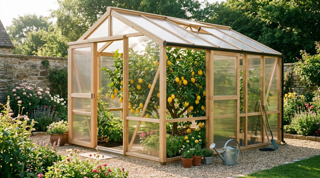 Une élégante serre en bois avec des panneaux en polycarbonate abritant un grand citronnier chargé de fruits.
