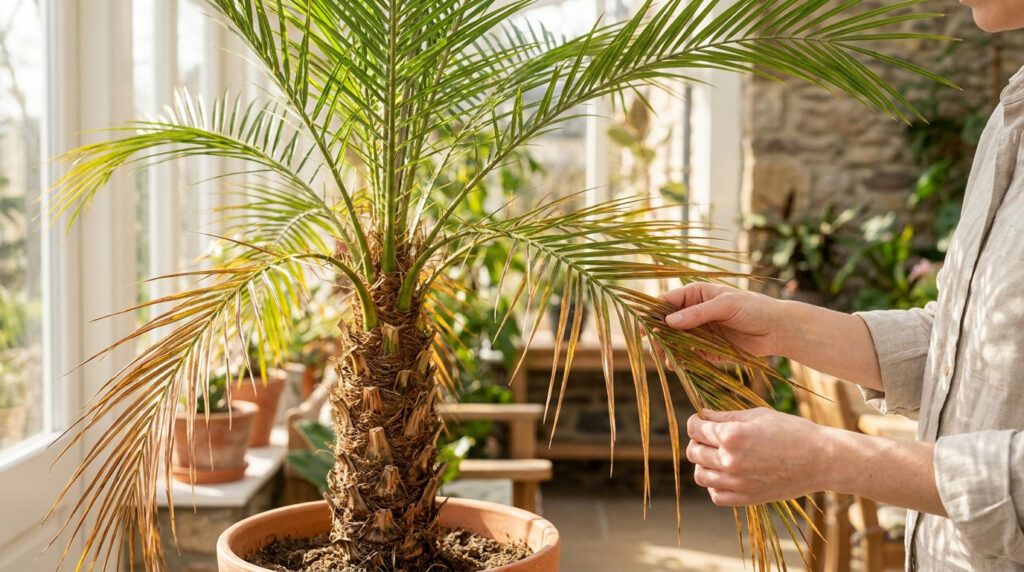 Une personne inspecte les feuilles jaunies et sèches d'un palmier en pot à l'intérieur d'une véranda ensoleillée.