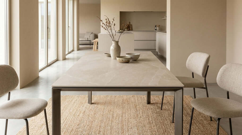 Une table de salle à manger moderne en céramique beige placée dans une pièce spacieuse au design intérieur minimaliste.