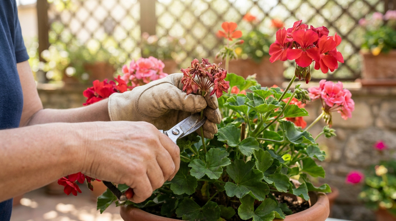 Mains avec des gants de jardinage coupant une fleur de géranium fanée avec un sécateur.