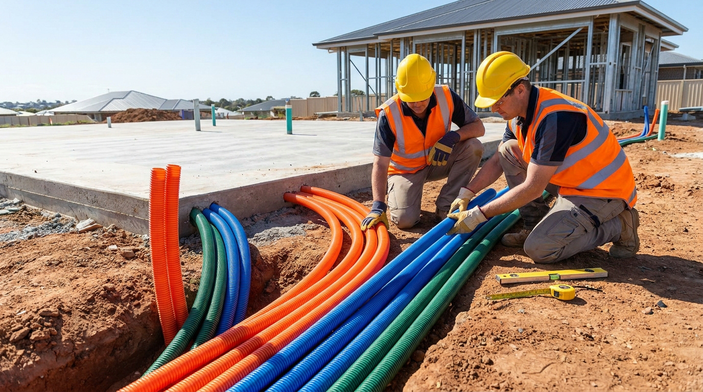 Deux ouvriers en tenue de sécurité installent des gaines colorées sur un chantier de construction de maison neuve.