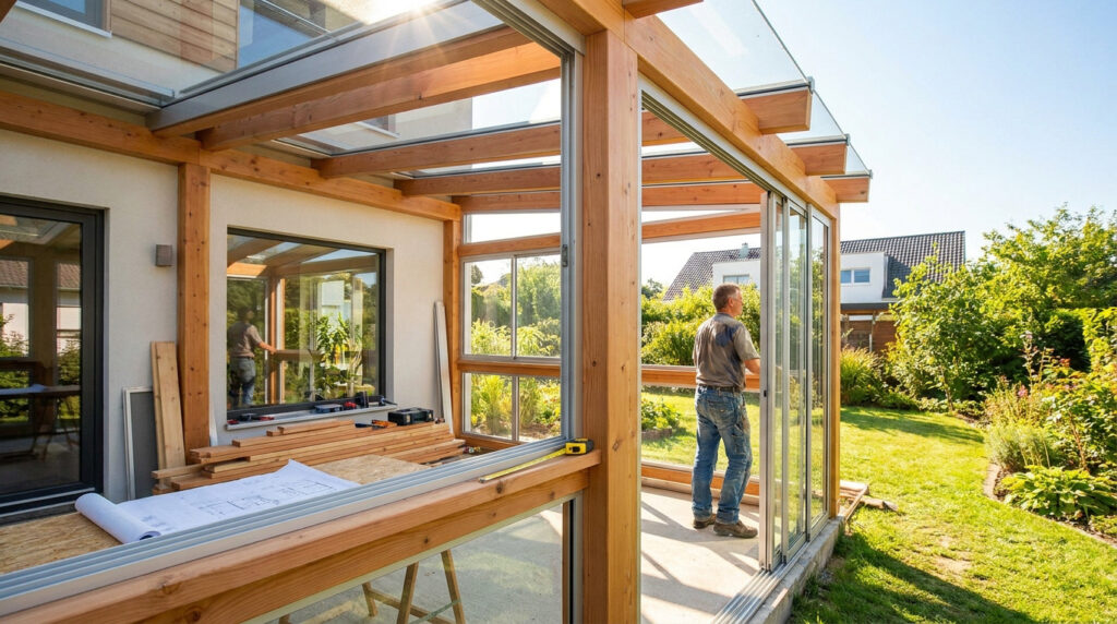 Un homme travaillant à l'installation d'une structure de véranda en bois moderne ouverte sur un jardin ensoleillé.