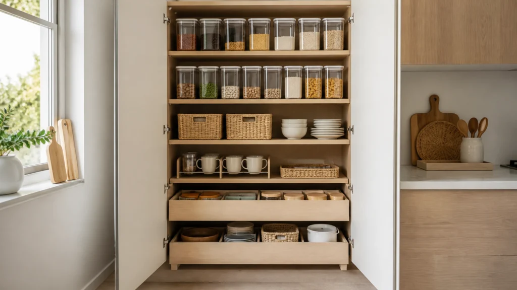Illustration éditoriale pour l’article « Comment aménager votre placard de cuisine efficacement »