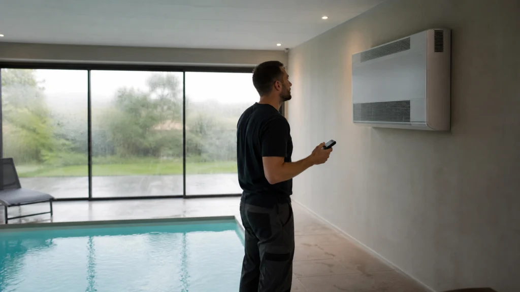 Illustration éditoriale pour l’article « Calcul déshumidification piscine intérieure : conseils clés »