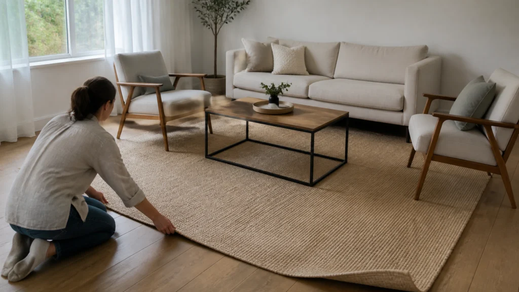 Illustration éditoriale pour l’article « Comment bien choisir la taille de votre tapis de salon »
