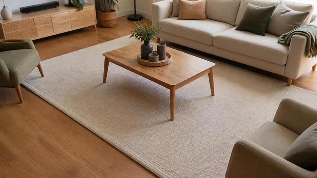 Illustration éditoriale pour l’article « Comment mettre un tapis dans un salon pour une déco réussie »