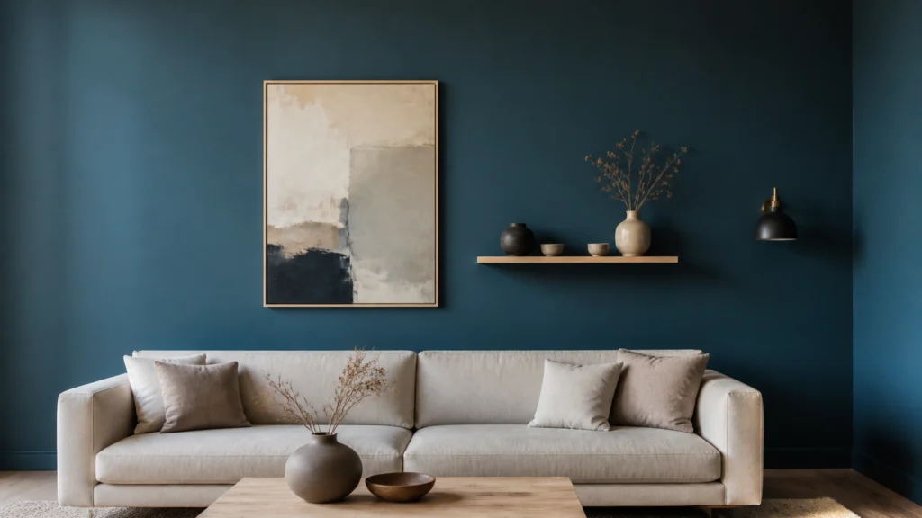Illustration éditoriale pour l’article « Sublimer votre deco mur bleu petrole : le guide expert »