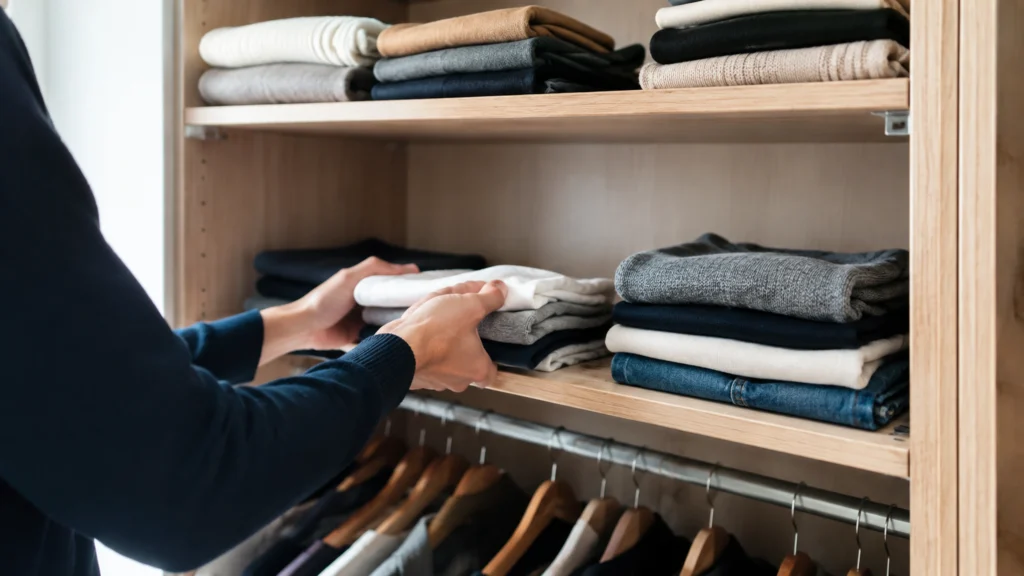 Illustration éditoriale pour l’article « Quelle hauteur entre étagère dressing pour bien ranger »