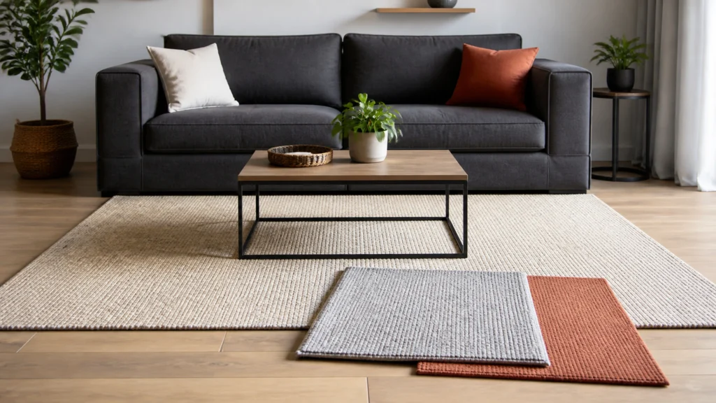 Illustration éditoriale pour l’article « Quel tapis choisir avec un canapé gris anthracite »